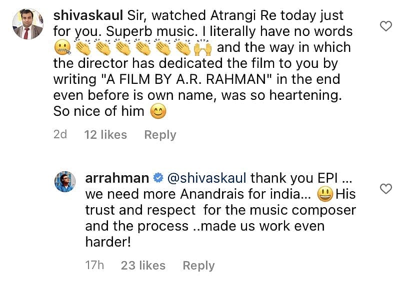 ’அத்ரங்கி ரே’ படத்தை இயக்கியது ஏ.ஆர்.ரஹ்மானா? - ரசிகர்கள் பூரிப்பு; இணையத்தில் வைரலாகும் இன்ஸ்டா போஸ்ட்!