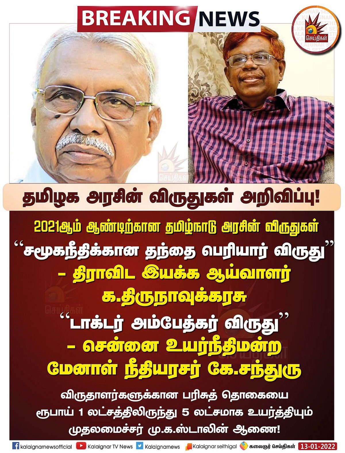 “தமிழக அரசின் விருதுகள் அறிவிப்பு” : விருது தொகையை பல மடங்கு உயர்த்தி அறிவித்த முதலமைச்சர் மு.க.ஸ்டாலின்!
