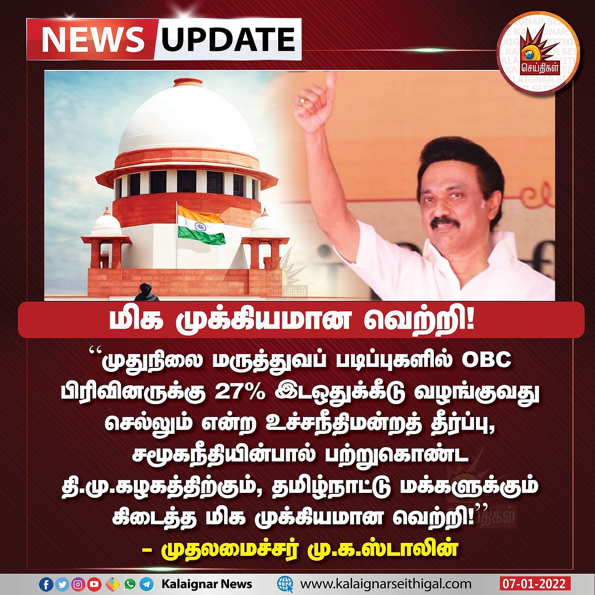 "சமூகநீதி வரலாற்றில் முக்கியமான மைல்கல்.. இனியும் சமரசமின்றி போராடுவோம்!” : முதலமைச்சர் மு.க.ஸ்டாலின்