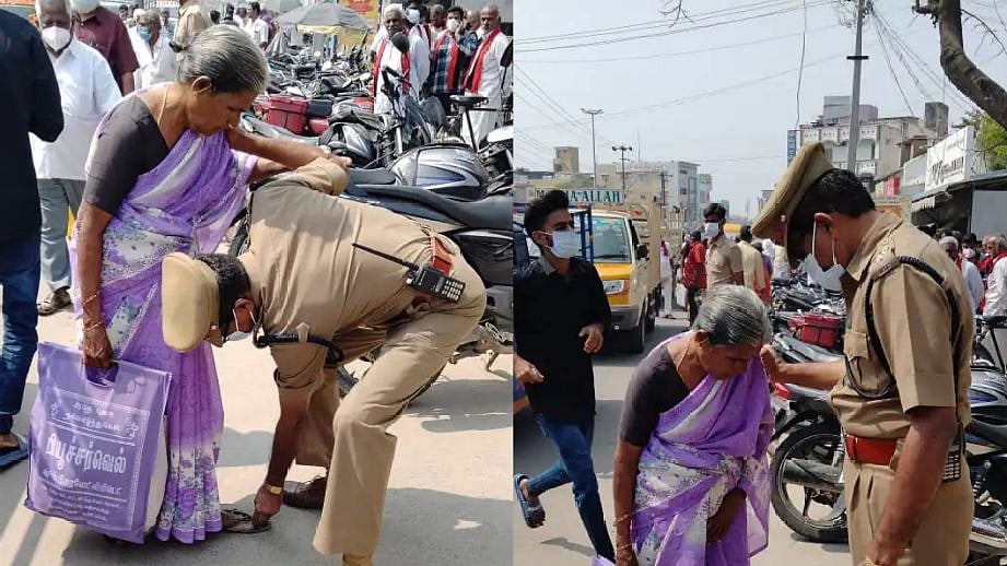 தடுமாறிய மூதாட்டி.. தோள் கொடுத்து காலணி அணிவித்த டி.எஸ்.பி. - குடியாத்தம் நகராட்சியில் நெகிழ்ச்சி!
