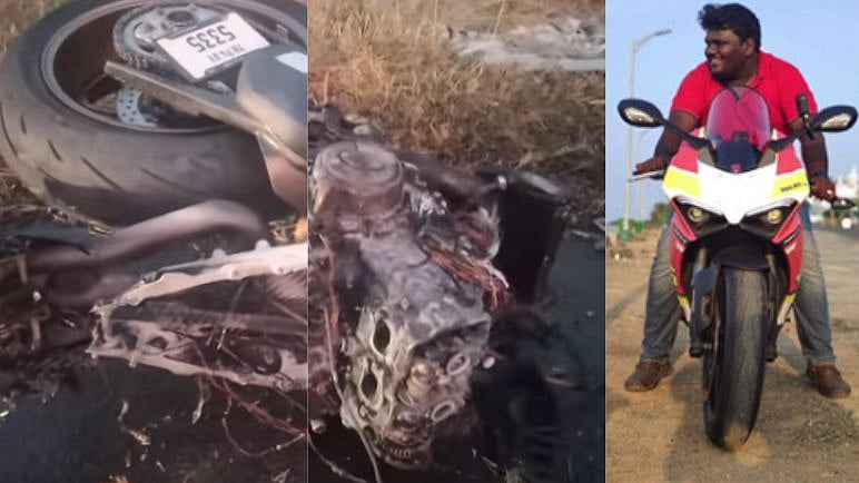 கொளுந்துவிட்டு எரிந்த ரேஸ் பைக்.. டிராக்டர் மீது மோதியதில் விபரீதம் : தூக்கி வீசப்பட்ட வாலிபர் பலி!