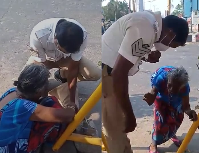 ”என்ன உதவினாலும் கேளுங்க.. இந்த சிக்னல்லதான் இருப்பேன்” - மூதாட்டிக்கு காலணி அணிவித்த டிராபிக் போலிஸ்!