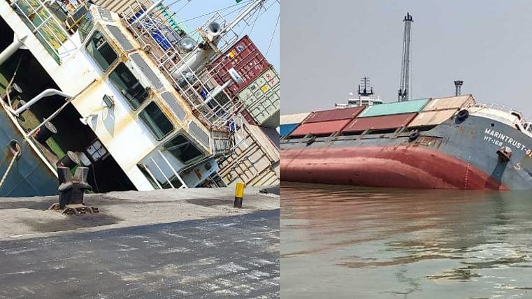 பாரம் தாங்காமல் குப்புற கவிழ்ந்த சரக்கு கப்பல்.. கடலில் மூழ்கிய 18 கண்டெய்னர்கள்-துறைமுகத்தில் அதிர்ச்சி!