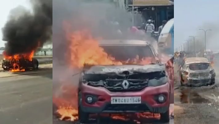 திடீரென பற்றி எரிந்த கார்; மாதவரம் அருகே நெடுஞ்சாலையில் பரபரப்பு; நடந்தது என்ன?