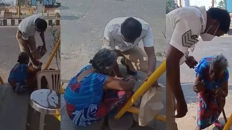 ”என்ன உதவினாலும் கேளுங்க.. இந்த சிக்னல்லதான் இருப்பேன்” - மூதாட்டிக்கு காலணி அணிவித்த டிராபிக் போலிஸ்!