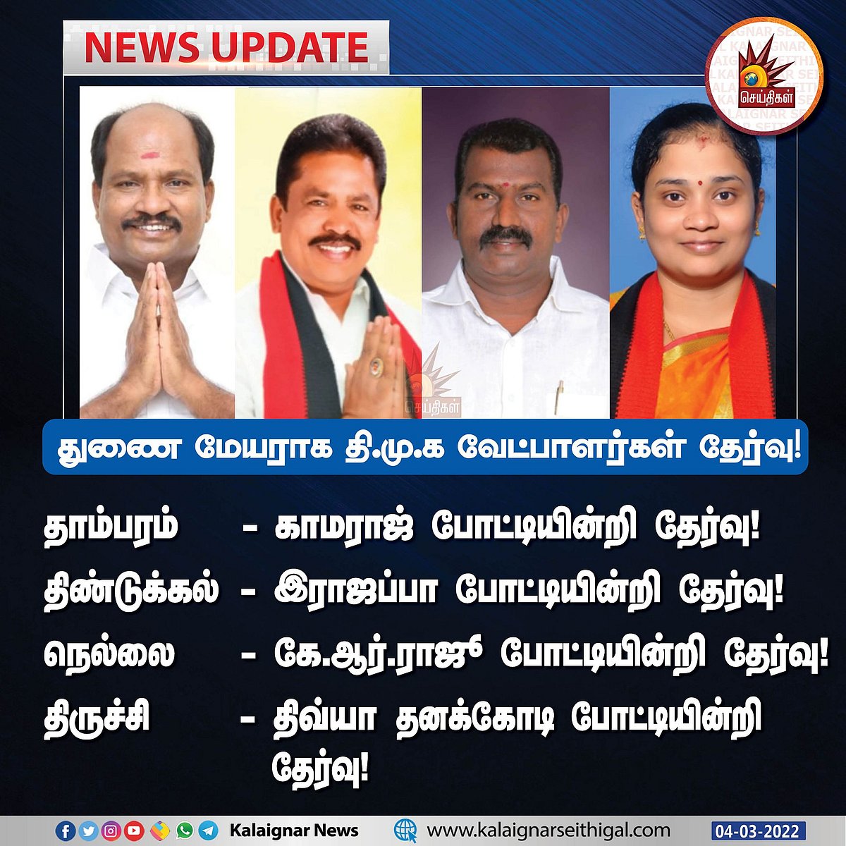 20 மாநகராட்சி துணை மேயர்கள் போட்டியின்றி தேர்வு.. 21 மாநகராட்சிகளிலும் திமுக கூட்டணி வேட்பாளர்கள் வெற்றி!