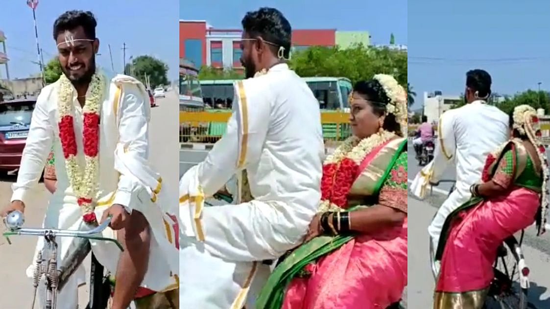 ’இப்படியும் தொடரும் எதிர்ப்பு’ - பெட்ரோல் விலை உயர்வால் மணமுடித்த கையோடு சைக்கிளில் சென்ற புதுமண தம்பதி!