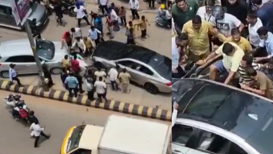 அதிவேகம்.. மீடியனை தாண்டி பறந்த BMW கார் : தூக்கி வீசப்பட்ட பைக்கில் வந்த பெண் - பதறவைக்கும் CCTV காட்சி!
