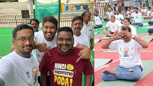 ஒன்றிய இணையமைச்சர் பங்கேற்ற யோகா தின விழாவில் வைரலான ‘T-Shirt’ - சம்பவம் செய்த இளைஞர் !