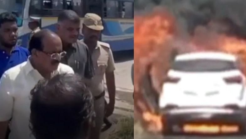 பற்றி எரிந்த காரில் சிக்கிய 2 பேர்.. துரிதமாக செயல்பட்டு பத்திரமாக மீட்ட அமைச்சர் - குவியும் பாராட்டு!