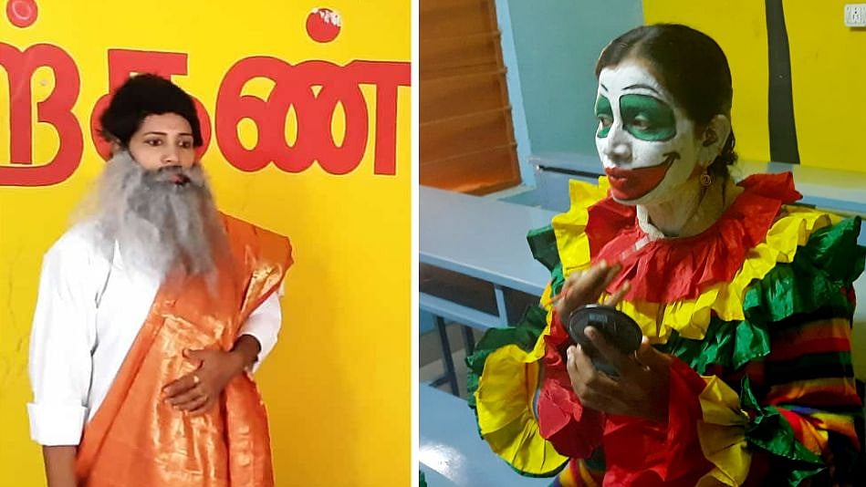 ஜோக்கர், கணிதமேதைகள் வேடம் வித்தியாசமான முறையில் பாடம் நடத்தும் அரசு பள்ளி ஆசிரியை.. குவியும் பாராட்டு!