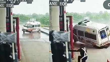 சாலையில் படுத்திருந்த மாடு..  சுங்கச்சாவடியில் அதிவேகமாக மோதிய ஆம்புலன்ஸ்: பதறவைக்கும் CCTV காட்சிகள்!