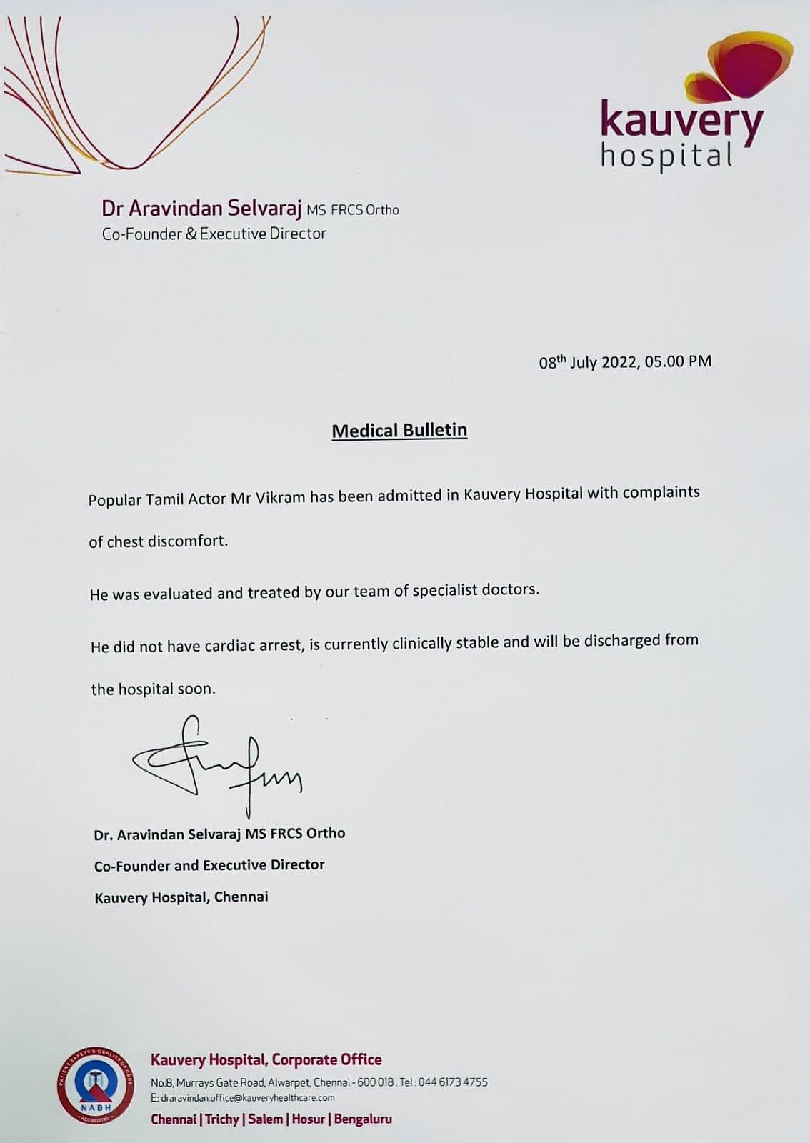 நடிகர் விக்ரமுக்கு மாரடைப்பு ஏற்படவில்லை: மருத்துவமனையில் இருந்து வெளியான ரிப்போர்ட் - முழு தகவல் இங்கே!