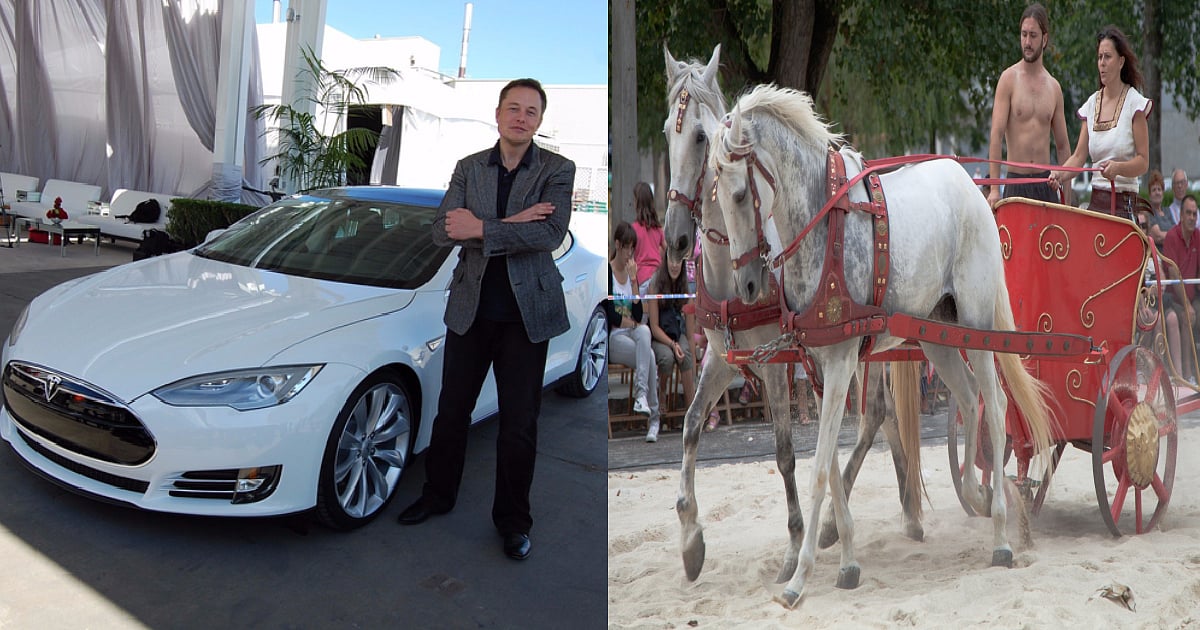 குதிரை வண்டியின் முன் தோற்றுப்போன டெஸ்டா கார்-  எலான் மஸ்க்கை கிண்டல் செய்யும் இணையவாசிகள்! பின்னணி என்ன?