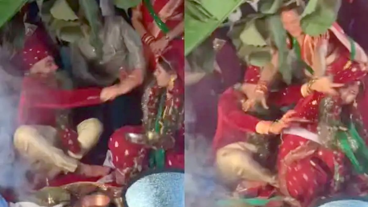 மணமேடையில் கட்டிப்பிடித்து உருண்டு சண்டை போட்டுக்கொள்ளும் தம்பதி.. இணையத்தில் வைரலாகும் வீடியோ !