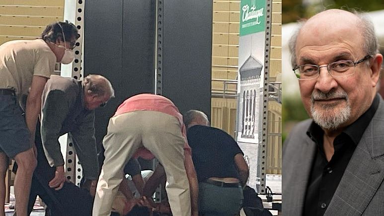 மேடையில் பேசிக்கொண்டிருக்கும்போது திடீரென தாக்கப்பட்ட எழுத்தாளர் சல்மான் ருஷ்டி : தீவிர சிகிச்சை !