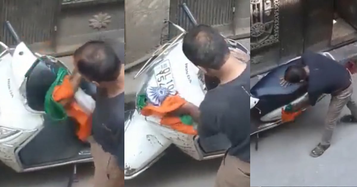 மூவர்ணக்கொடியை வைத்து பைக்கை துடைத்த நபர்.. டெல்லியில் அவலம்.. வெளியான வீடியோவால் அதிர்ச்சி!