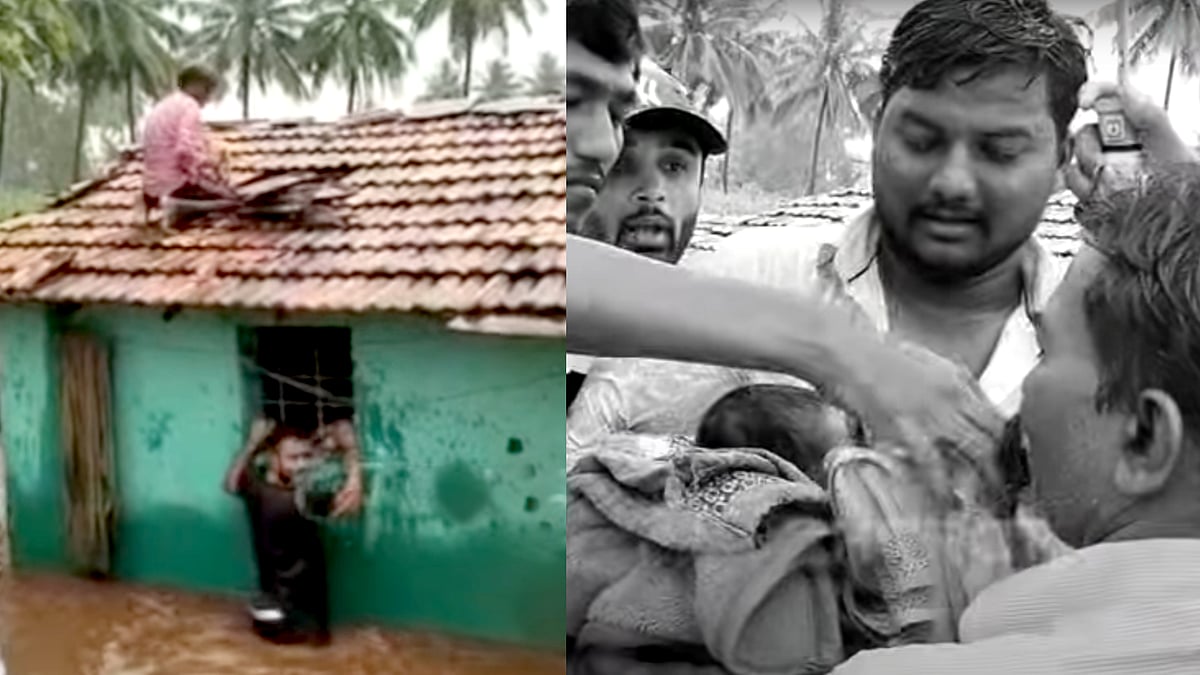 கர்நாடகா : வெள்ளத்தில் சிக்கிய வீடு.. தவித்த தாய், பச்சிளம் குழந்தை.. ஓட்டை உடைத்து காப்பாற்றிய மக்கள் !