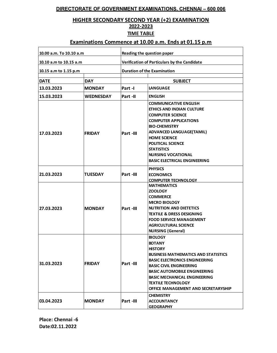 12th exam time table