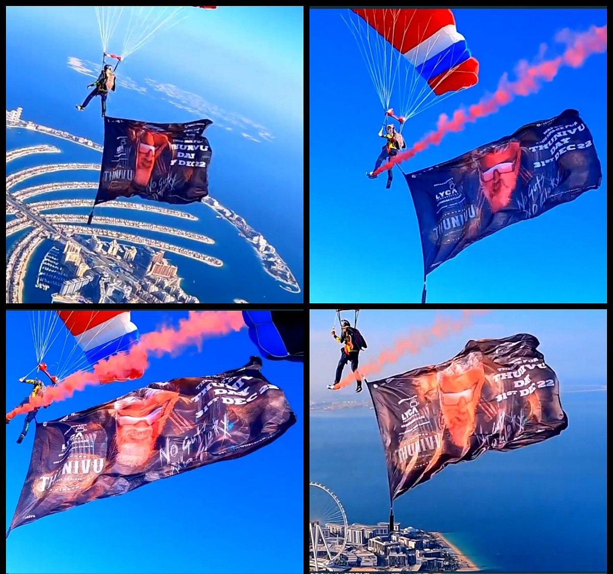 துணிவு ப்ரோமோஷனுக்காக துணிவோடு களமிறங்கிய படக்குழு.. SKY DIVING மூலம் வேற லெவலில் விளம்பரம் ! VIDEO