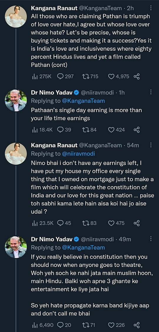 பதான் : “யார் வெறுப்பின் மீதான அன்பின் வெற்றி?”.. கங்கானாவின் விமர்சனத்தை வறுத்தெடுத்த நெட்டிசன்.. Viral