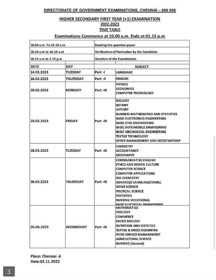 11th exam time table