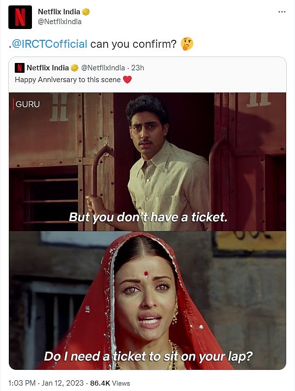 மணிரத்னத்தின் ‘குரு’ : “மடியில் உட்கார்ந்து செல்ல டிக்கெட் வேண்டுமா?” - IRCTCயிடம் கேள்வி கேட்ட Netflix !