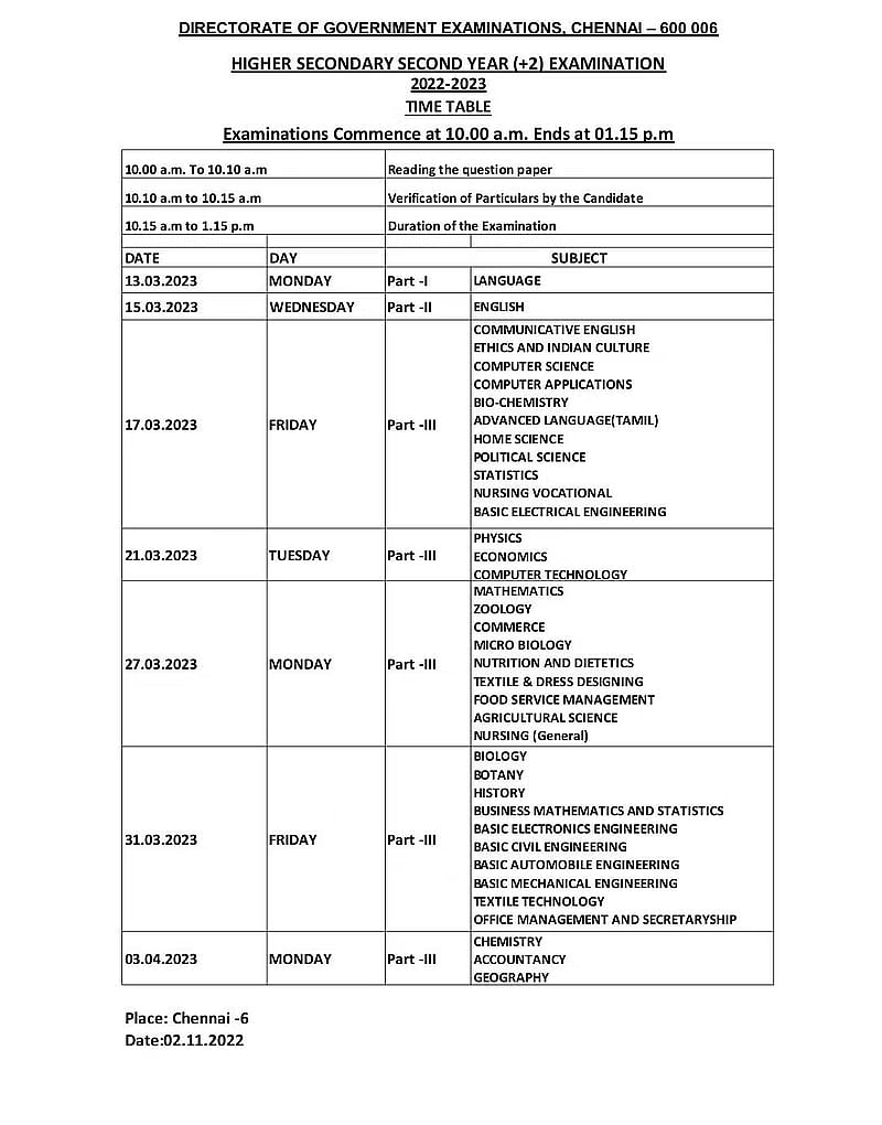 11th exam time table