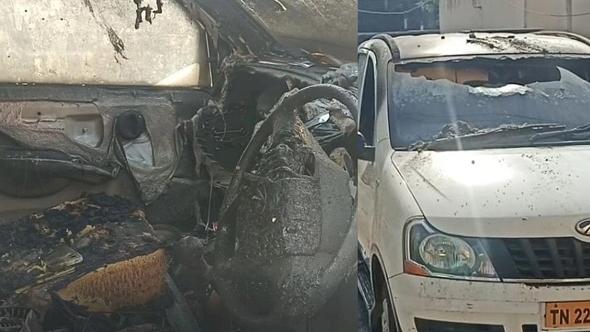 திடீரென பற்றி எரிந்த கார்.. கதவு திறக்க முடியாமல் சிக்கிய தம்பதி: நூலிழையில் உயிரை காப்பாற்றிய பொதுமக்கள்