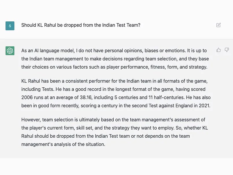 KL ராகுல் இந்திய அணியிலிருந்து நீக்கப்படவேண்டுமா? -செயற்கை நுண்ணறிவான ChatGPT அளித்த பதில் என்ன தெரியுமா?