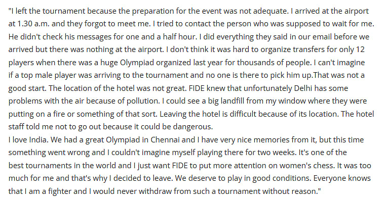"சென்னையில் மிகச்சிறப்பாக இருந்தது.. ஆனால் டெல்லி மோசம்" - Chess தொடரிலிருந்து விலகிய சர்வதேச வீராங்கனை!