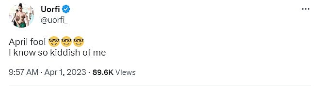 “என்ன நம்பிட்டீங்களா.. ஏப்ரல் Fool..” - ரசிகர்களை கலாய்த்த ஆடை சர்ச்சை நாயகி உர்பி ஜாவேத் ! | Urfi Javed
