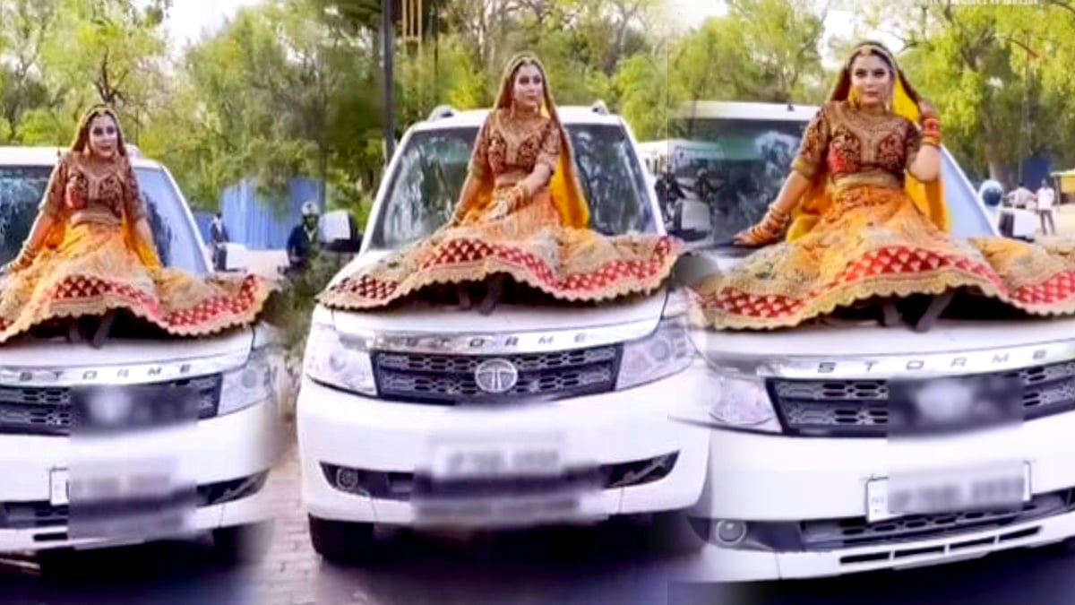 SUV கார் மேலே அமர்ந்து சொகுசாக ஊர்வலம்.. மணமகளுக்கு ரூ.15 ஆயிரம் அபராதம் விதித்த டிராபிக் போலிஸ் !