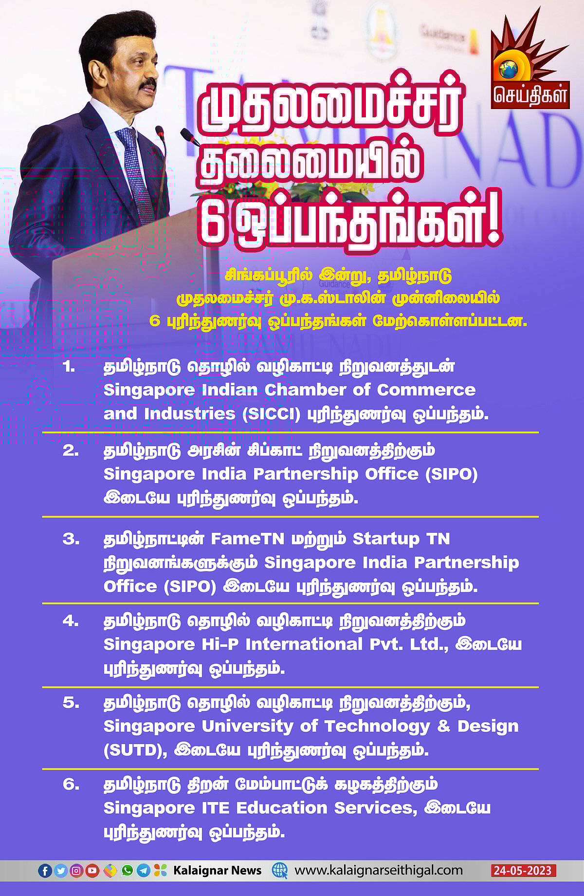 சிங்கப்பூர் முதலீட்டாளர்கள் மாநாடு.. முதலமைச்சர் மு.க.ஸ்டாலின் தலைமையில் 6 ஒப்பந்தங்கள் கையெழுத்தானது !