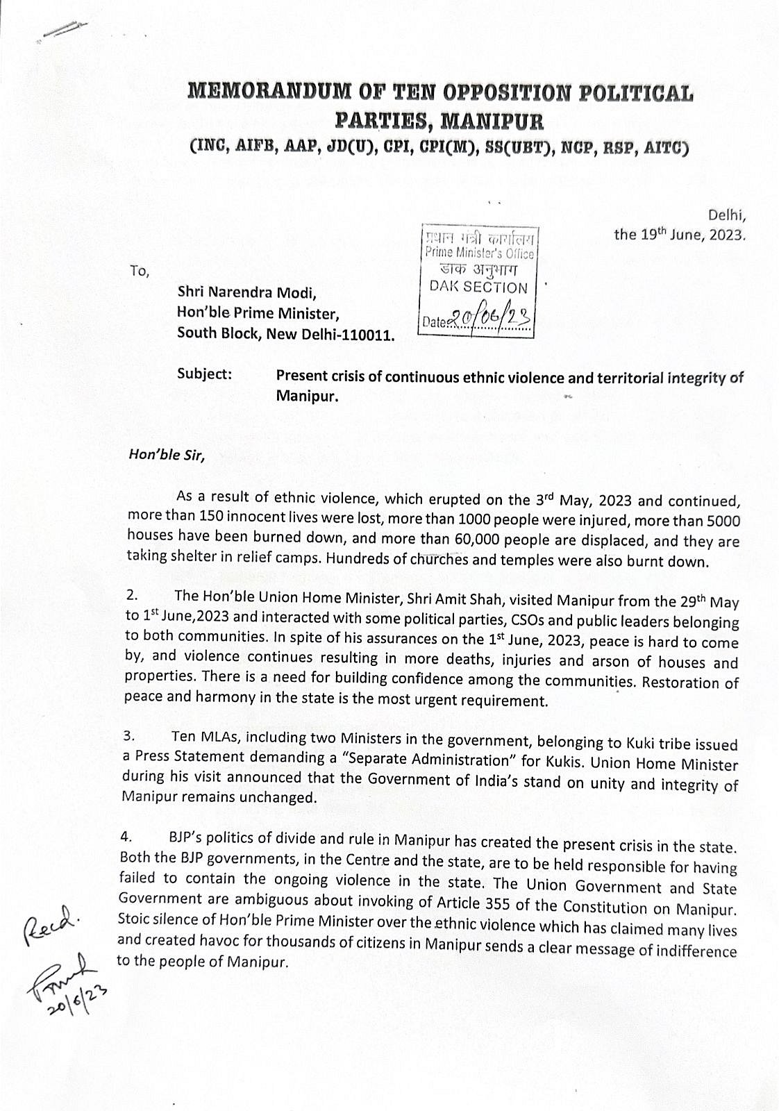 வன்முறைக்கு மணிப்பூர் முதல்வரே பொறுப்பு.. பிரதமர் மோடிக்கு காங்கிரஸ் உள்ளிட்ட 10 எதிர்கட்சிகள் கடிதம்!