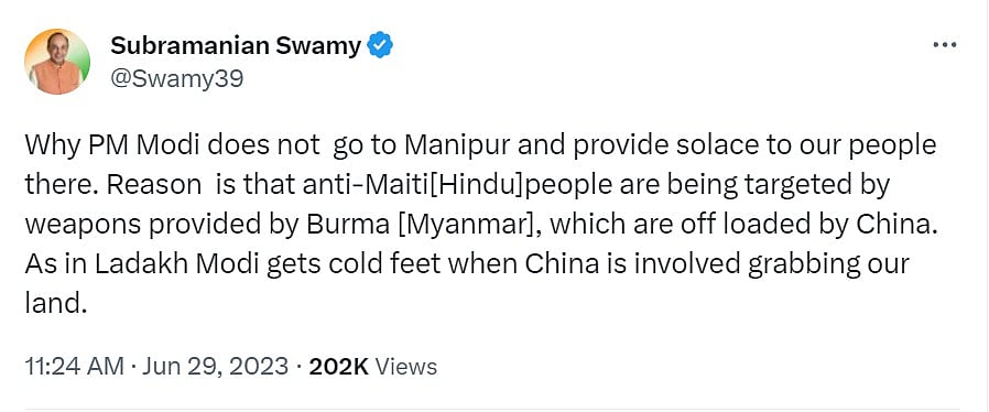 “பிரதமர் மோடி மணிப்பூருக்கு செல்லாததற்கு சீனா தான் காரணம்..” - பகீர் கிளப்பும் பாஜக சுப்பிரமணியன் சாமி !