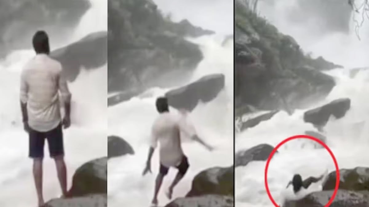 வெள்ளம் பெருக்கெடுத்து ஓடும் அருவி அருகே Reels.. பாறை மேல் நின்ற இளைஞருக்கு நேர்ந்த கதி.. - VIDEO வைரல்! 