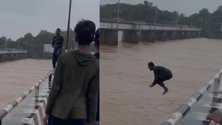 கரைபுரண்டோடும் ஆற்று வெள்ளத்தில் குதித்த இளைஞன்.. மீட்க வந்த தீணைப்பு வீரர்களுக்கு காத்திருந்த ஷாக்!