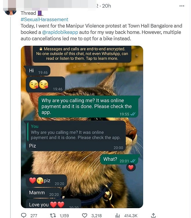 மணிப்பூர் பெண்கள் விவகாரம் : போராடிய பெண் சமூக ஆர்வலர் Rapidoவில் வீடு திரும்பிய போது அத்துமீறிய ஓட்டுநர்