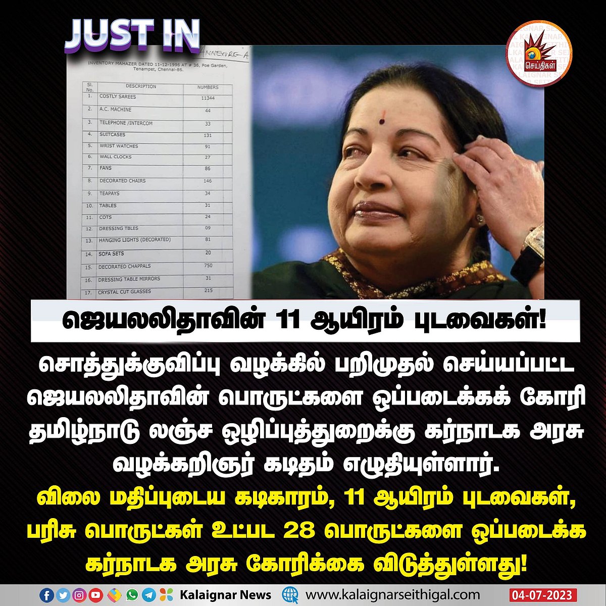11,000 புடவை, 131 சூட்கேஸ், 44 AC மிஷின்.. ஜெயலலிதாவின் 28 பொருட்களை ஒப்படைக்க கோரி கர்நாடகா அரசு கடிதம்!