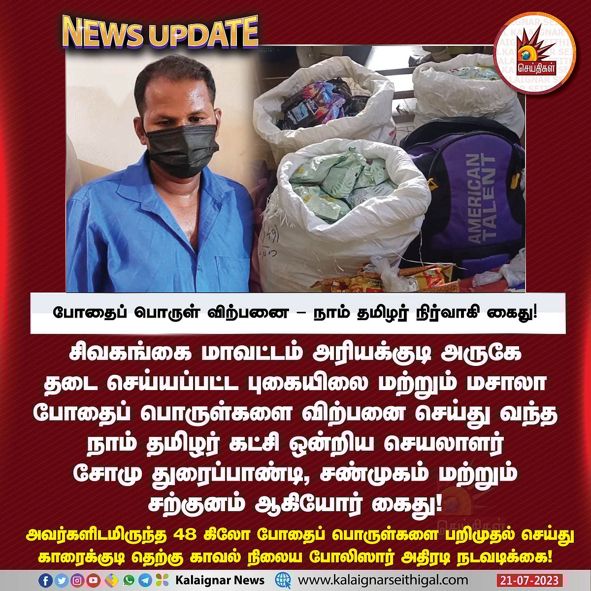 போலிசார் சோதனையில் சிக்கிய 48 கிலோ புகையிலை, மசாலா போதைப் பொருள்கள்.. நாம் தமிழர் நிர்வாகி அதிரடி கைது !