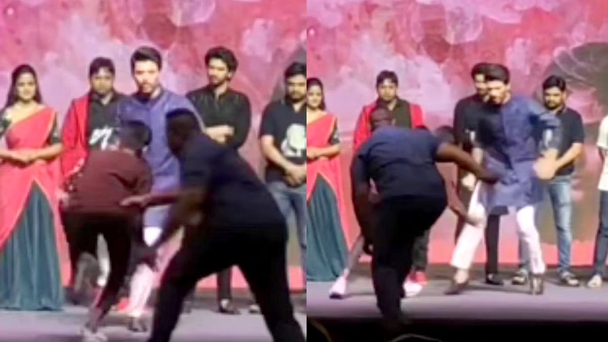 மேடையில் பேசிக்கொண்டிருந்தபோது திடீரென பாய்ந்து பின்னோக்கி ஓடிய விஜய் தேவரகொண்டா.. காரணம் என்ன ? - VIDEO 