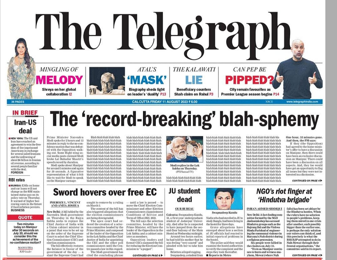 Blah Blah Blah.. மணிப்பூர் பற்றி பேசாத பிரதமர் மோடியின் உரையை விமர்சித்த The Telegraph ஆங்கில நாளேடு!