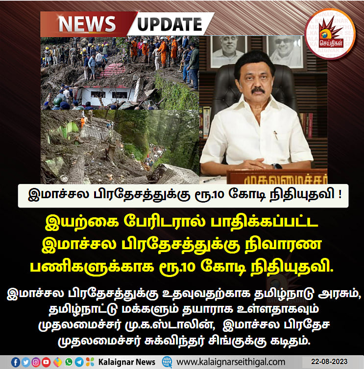 பேரிடரில் சிக்கியுள்ள இமாச்சலம்.. ரூ.10 கோடி நிதியுதவி: உதவிகரம் நீட்டிய தமிழ்நாடு முதல்வர் மு.க.ஸ்டாலின்