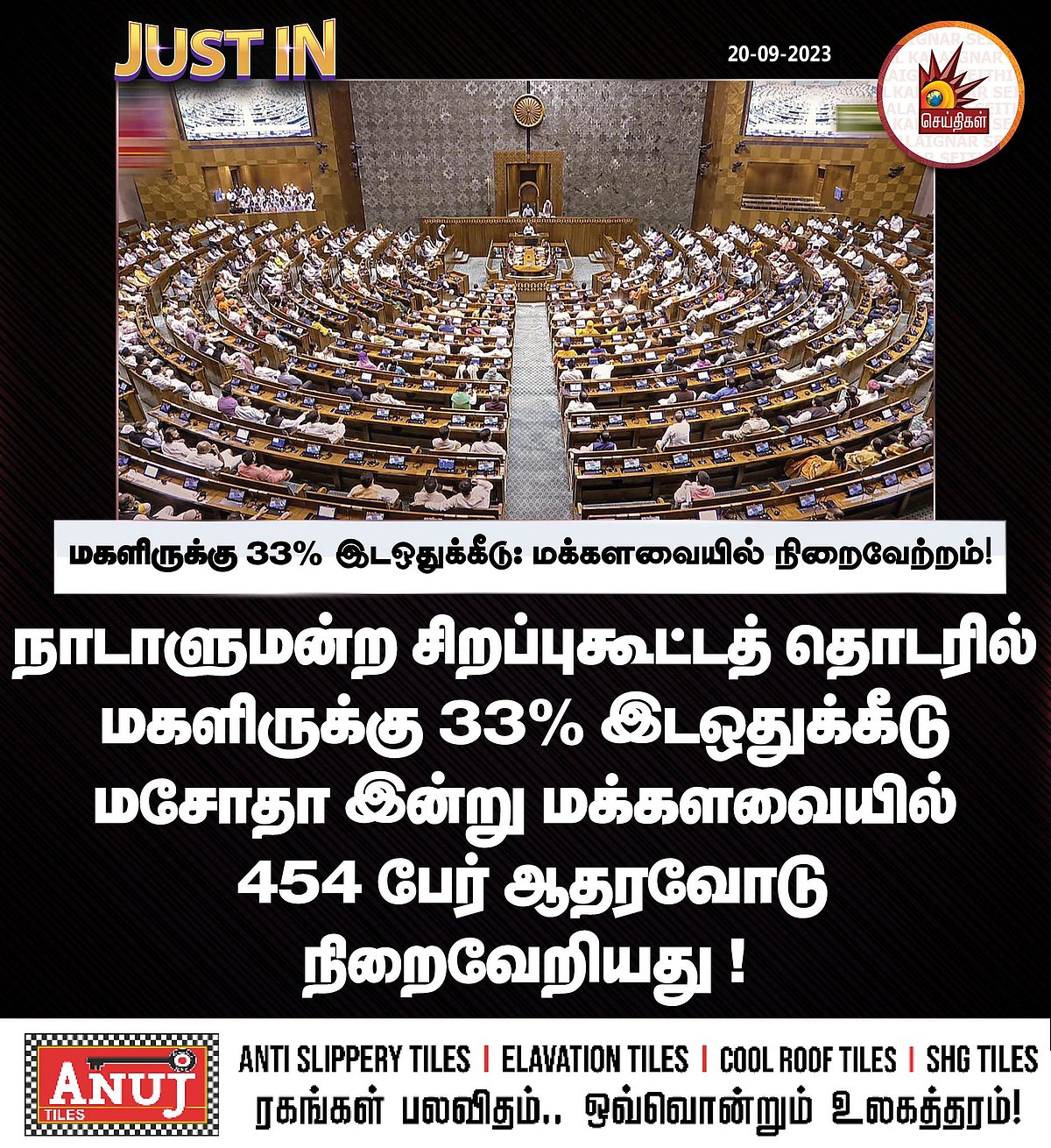 பல ஆண்டுகள் காத்திருப்பு.. மகளிர் 33% இடஒதுக்கீடு மசோதா.. 454 பேர் ஆதரவோடு மக்களவையில் நிறைவேற்றம் !
