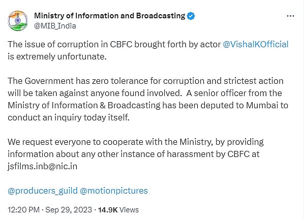 “இதை அரசு பொறுத்துக்கொள்ளாது” - நடிகர் விஷாலின் குற்றச்சாட்டுக்கு ஒன்றிய ஒளிபரப்புத்துறை அமைச்சகம் பதில்!