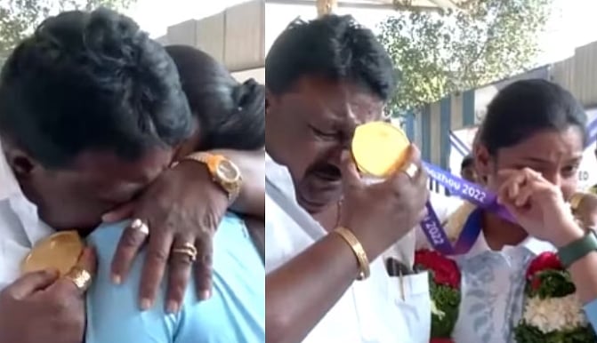 தங்கப் பதக்கத்துடன் ஊர் திரும்பிய மகள் - கட்டித்தழுவி வரவேற்ற பாச தந்தை : நெகிழ்ச்சி வீடியோ!