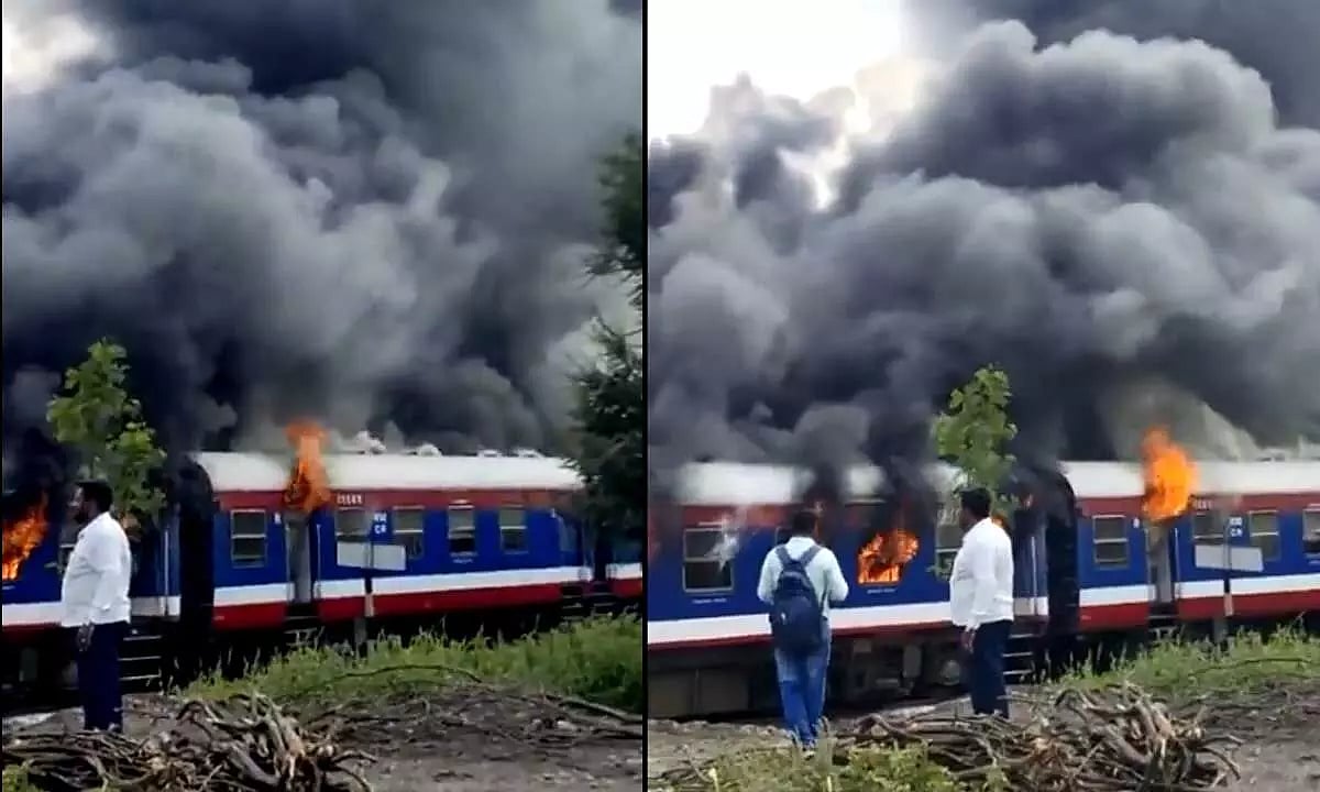 திடீரென மளமளவென 5 பெட்டிகளில் பற்றிய தீ.. அலறியடித்த பயணிகள்.. ஓடும் இரயிலில் அதிர்ச்சி !