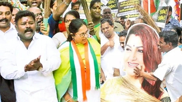 சூடு பிடித்த சர்ச்சை : குஷ்பு வீட்டின் முன் காங்கிரஸார் ஆர்ப்பாட்டம்.. வழக்கு தொடரவும் முடிவு! - காரணம் ?