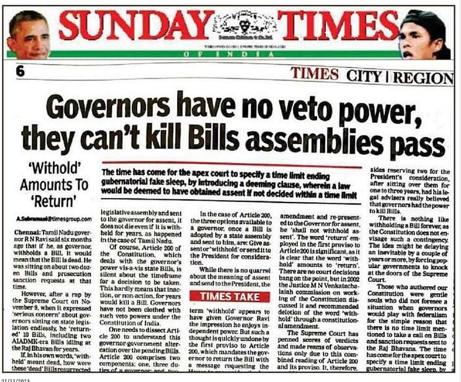 “ஆளுநரின் போலி உறக்கத்தை முடிவுக்கு கொண்டு வரும் உச்சநீதிமன்றம்” : ‘The Sunday Times’ சிறப்புக் கட்டுரை!